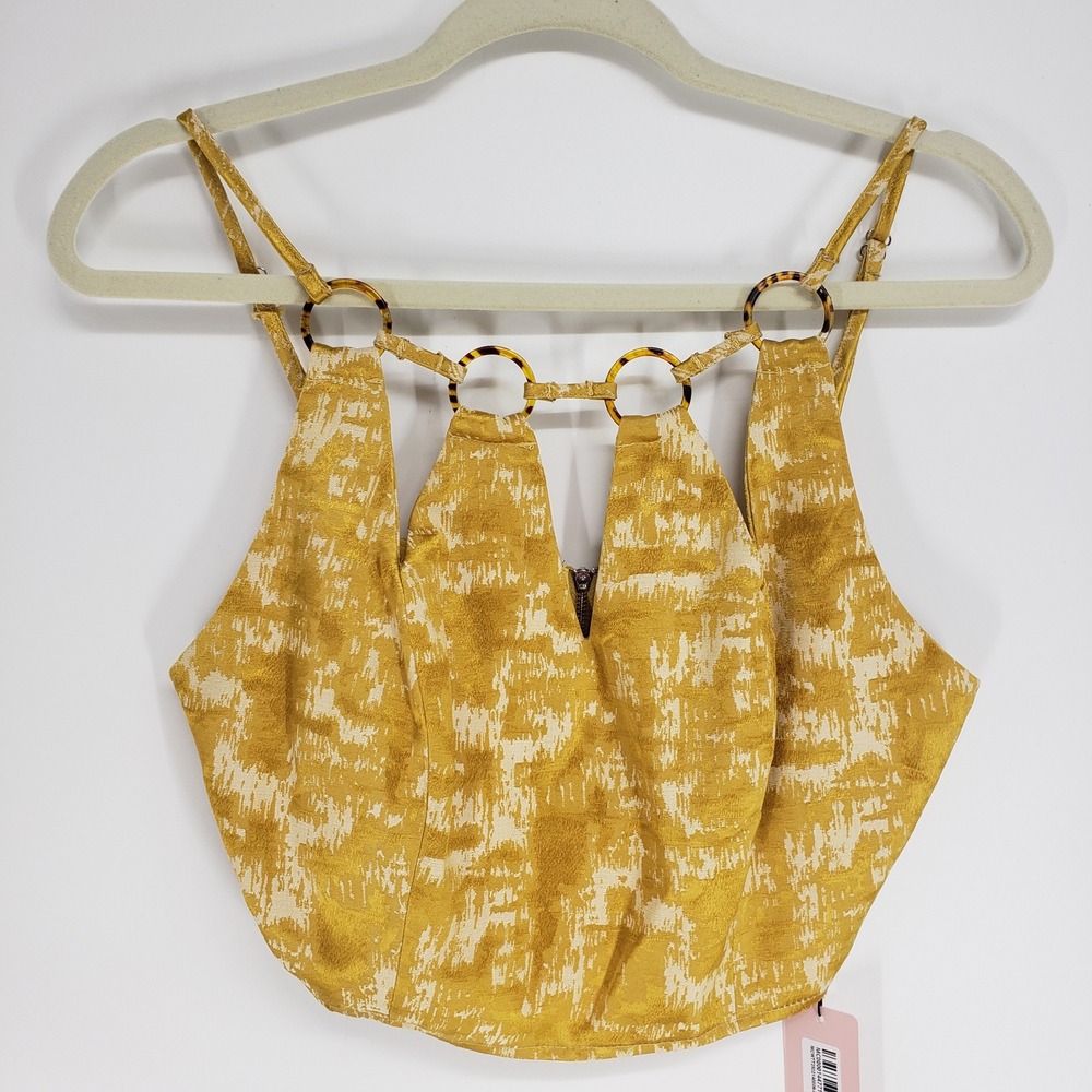 MICAS Textured Jacquard Ring Detail Halter Crop Top Women Size M Yellow Abstract
